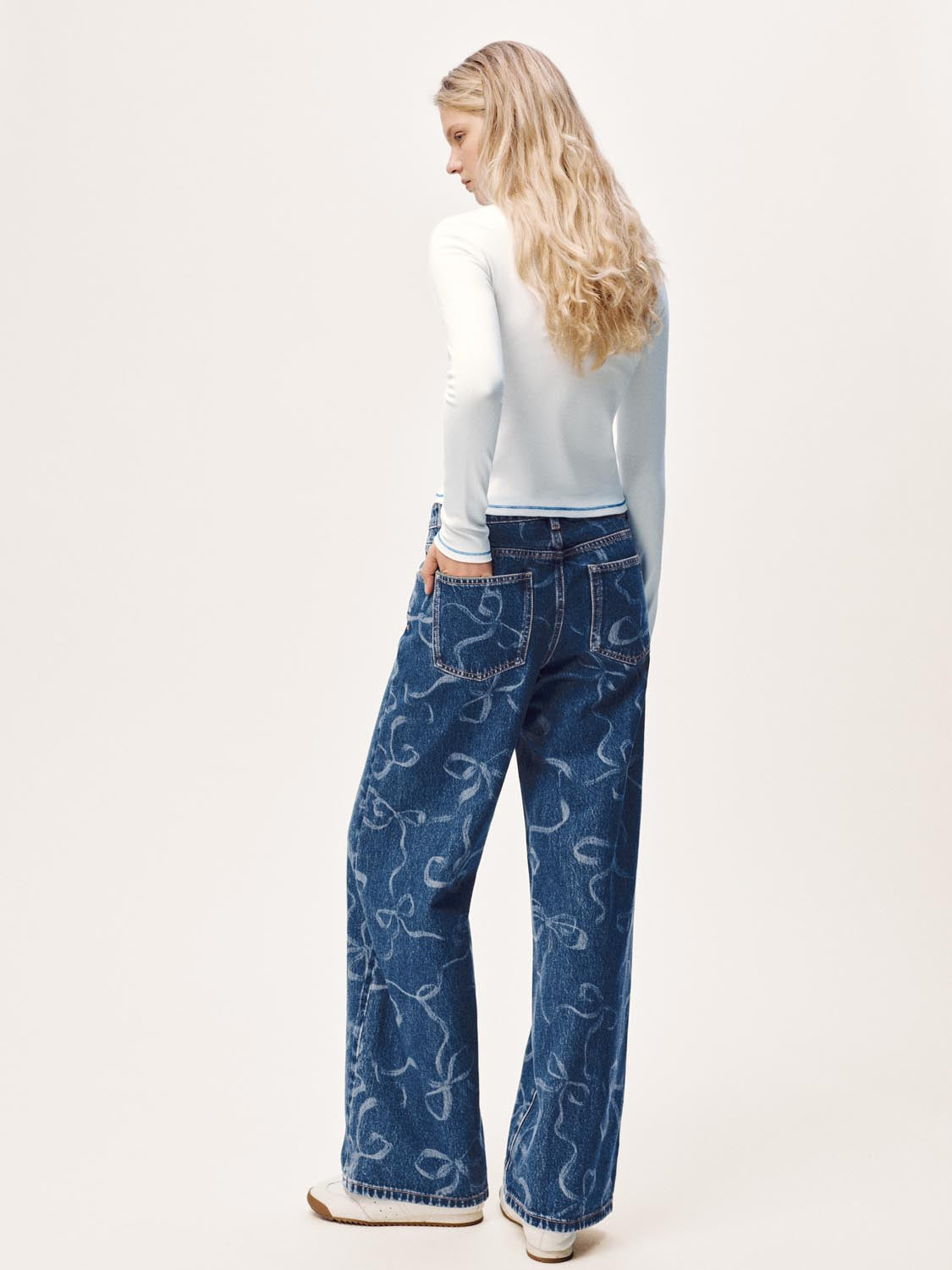 Bow Printed Wide Leg Jeans