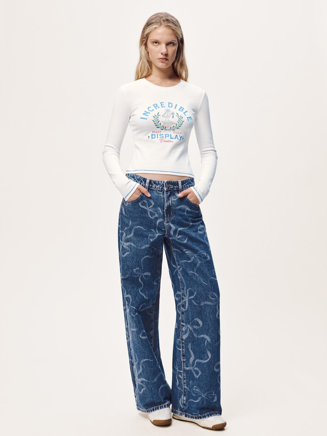 Bow Printed Wide Leg Jeans