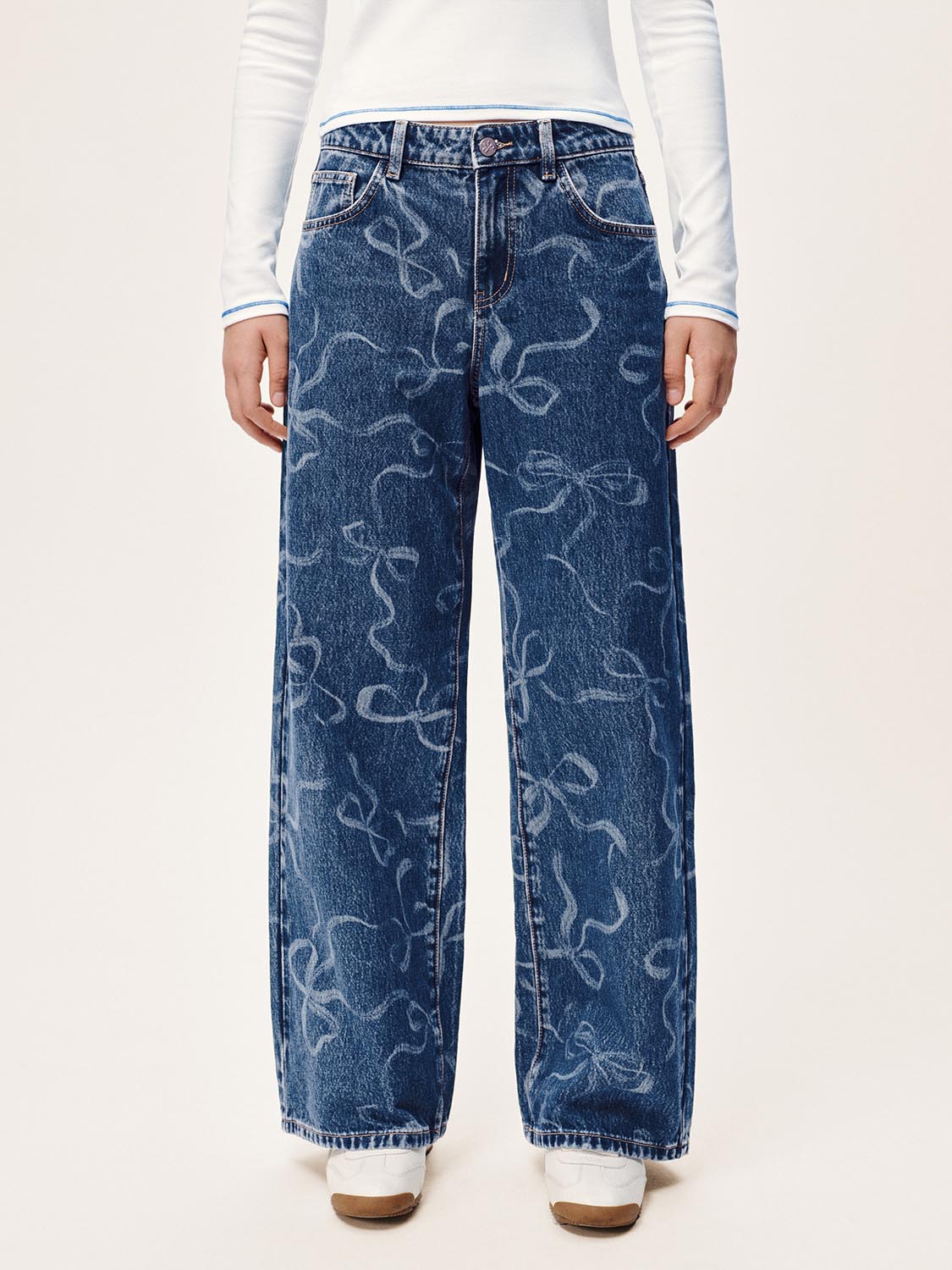 Bow Printed Wide Leg Jeans
