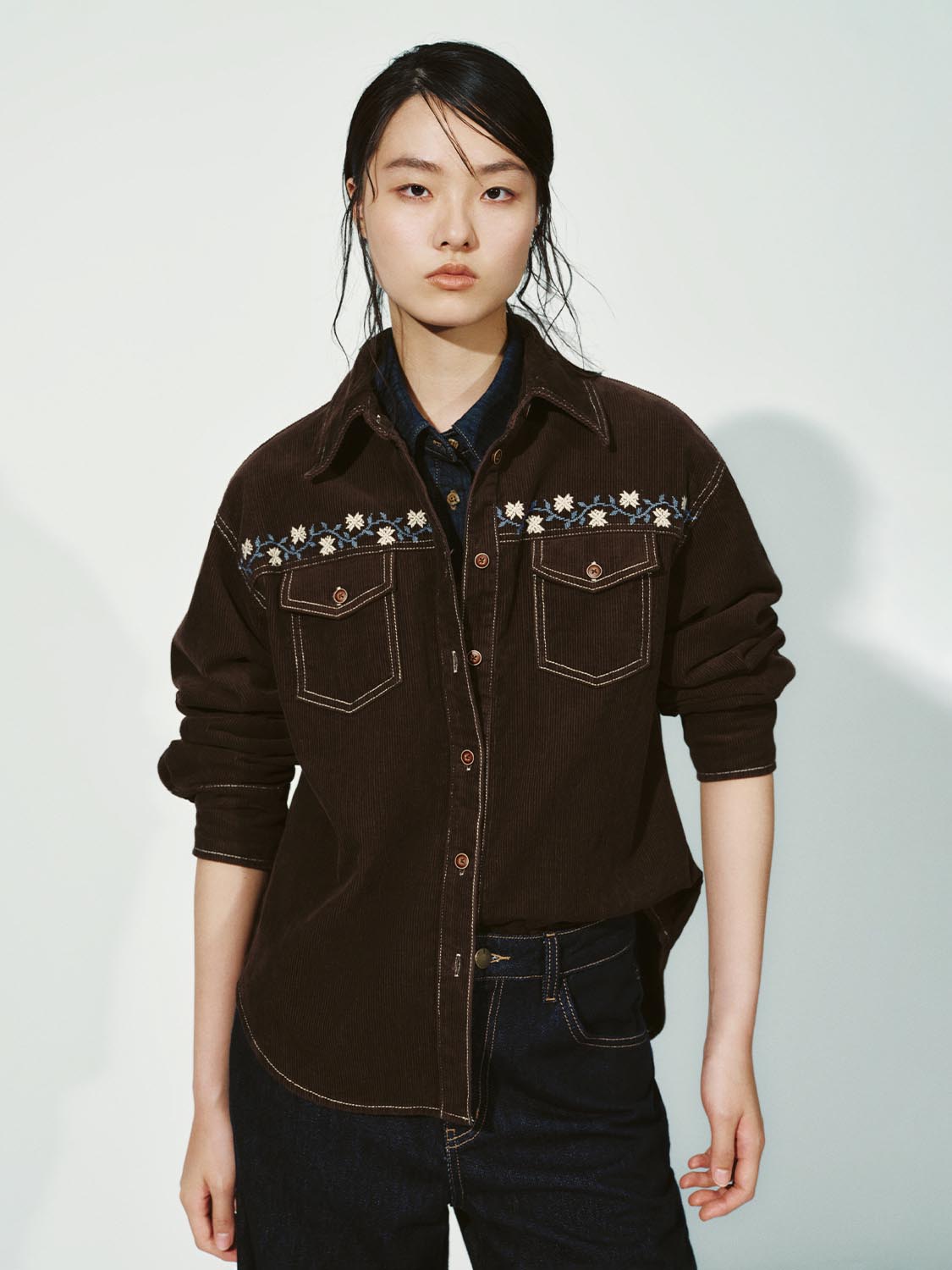 Flap Pockets Embroidered Denim Shirts