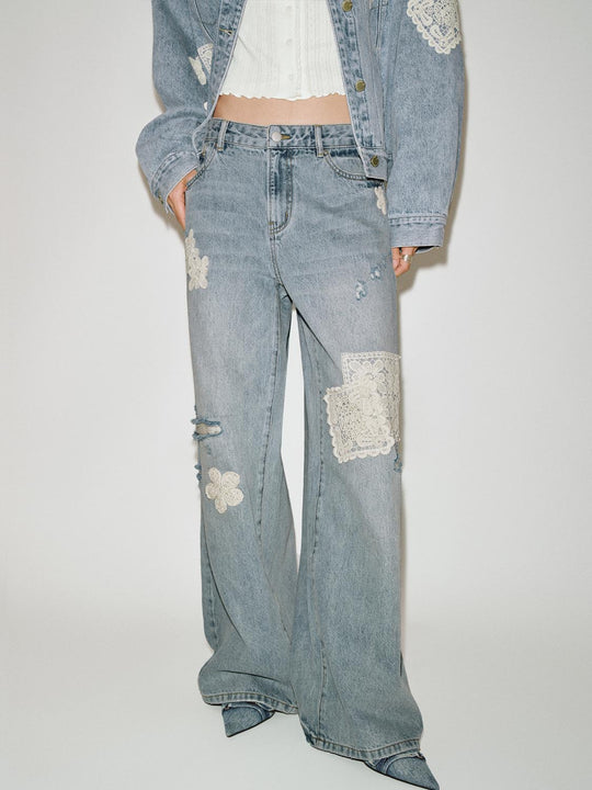 Distressed Lace Patch High Waist Wide-Leg Cotton Denim Jeans