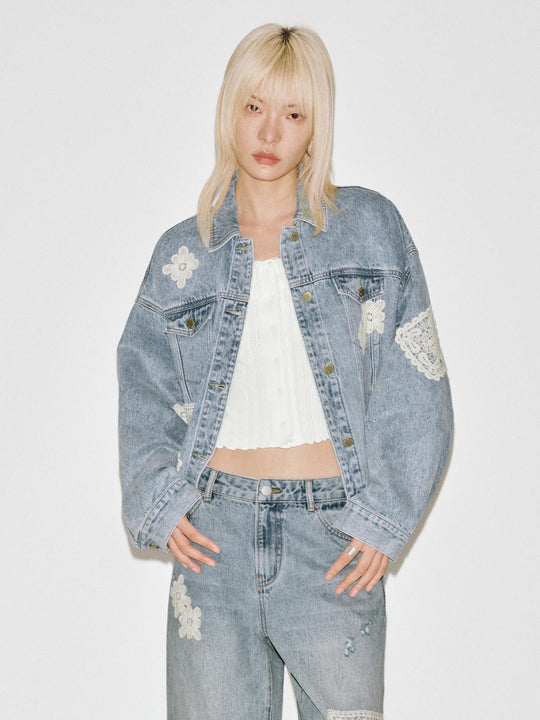 Lace Floral Patch Long Sleeve Cotton Jacket