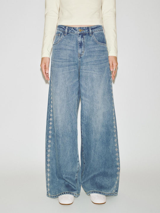 Floral Embroidered Wide Leg Jeans