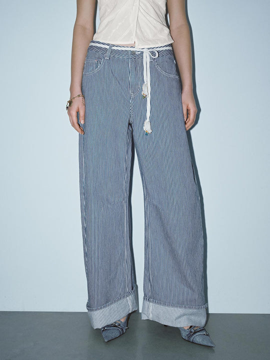 Tie Belt Striped Cuffed Barrel Leg Jeans