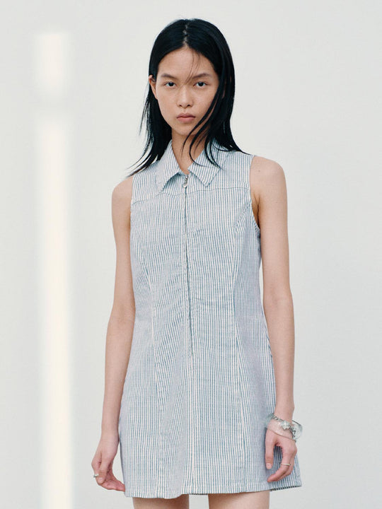 Polo Neck Sleeveless Striped Denim Mini Dresses