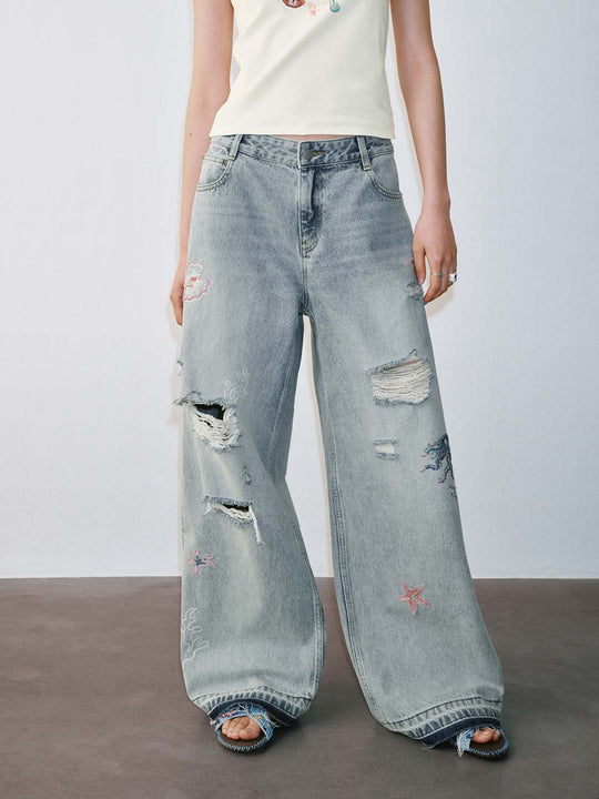 Beaded Raw Detail Wide Leg Jeans