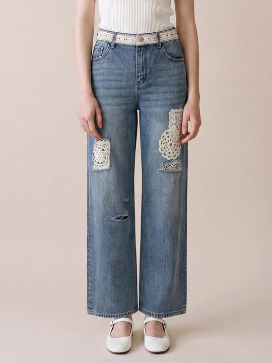Crochet Lace Patch Distressed Denim Wide Leg Jeans