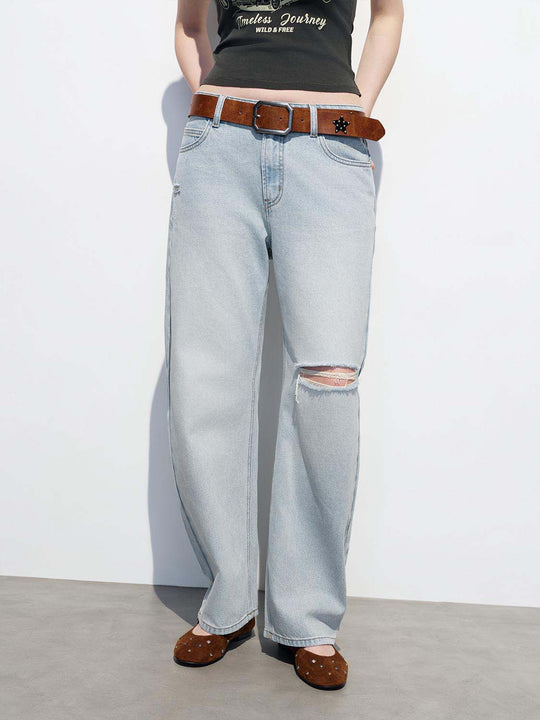 Belted Raw Detail Wide Leg Jeans