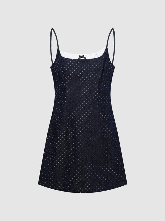 Cotton Dotted Lace Trim Spaghetti Strap Dress