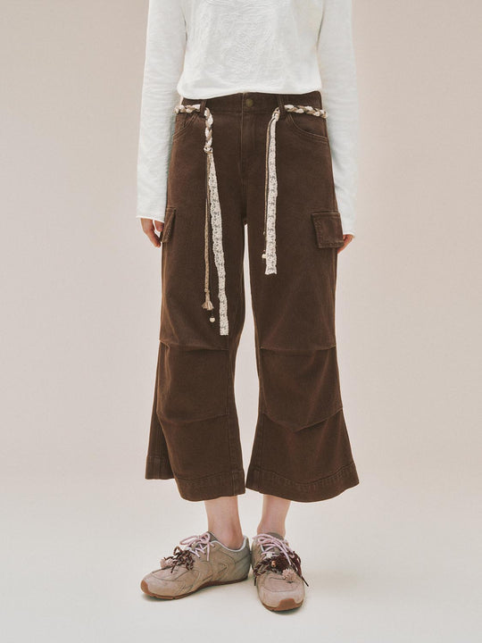 Wide-leg Cotton Cargo Pants With Decorative Rope Belt