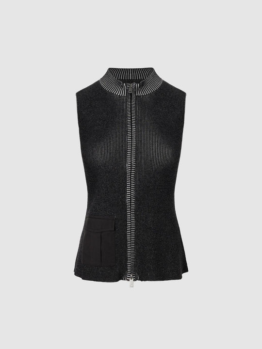 Zip Front Stand Collar Sleeveless Ribbed Knit Cardigan