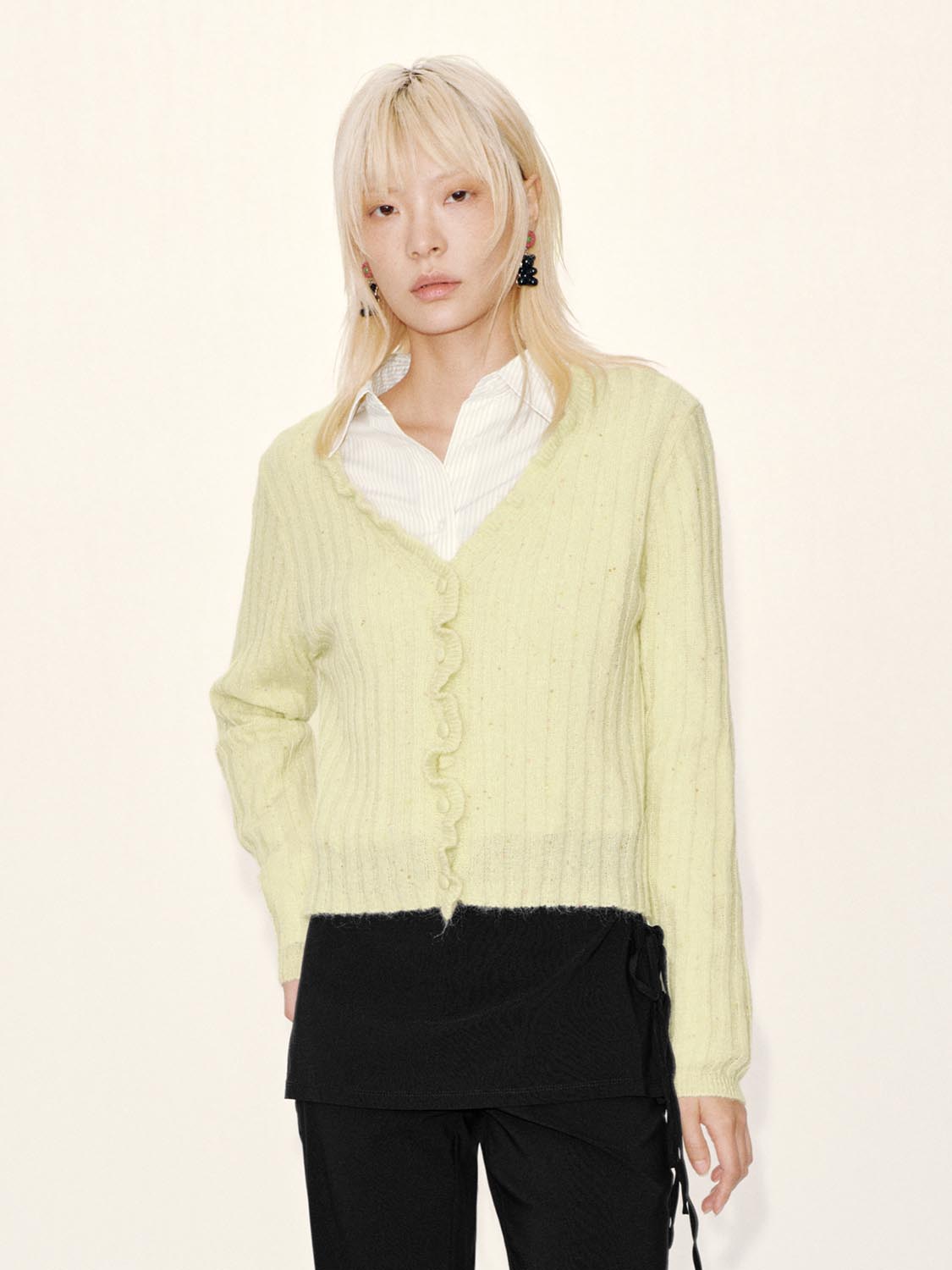 Ruffle Hem V-Neck Knitted Cardigans