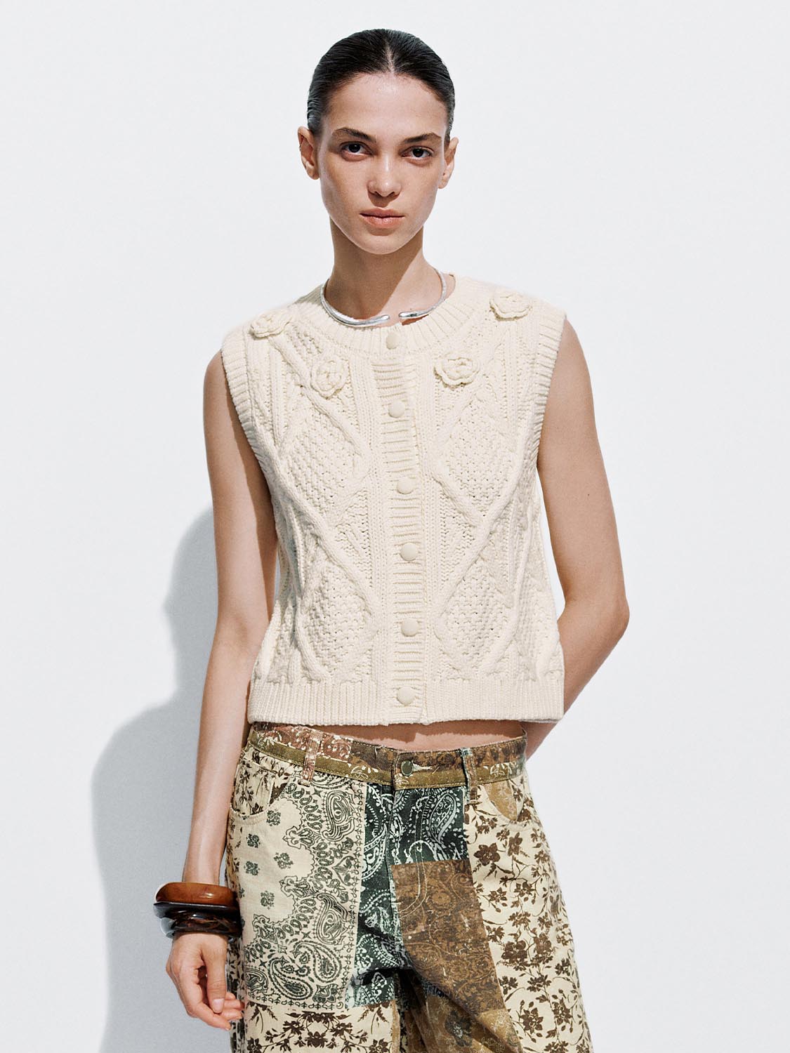 Cap Sleeve Cable Knitted Cardigan