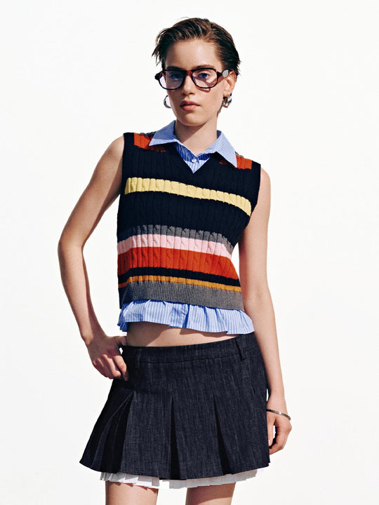 2 In 1 Striped Sleeveless Knitted T-Shirt