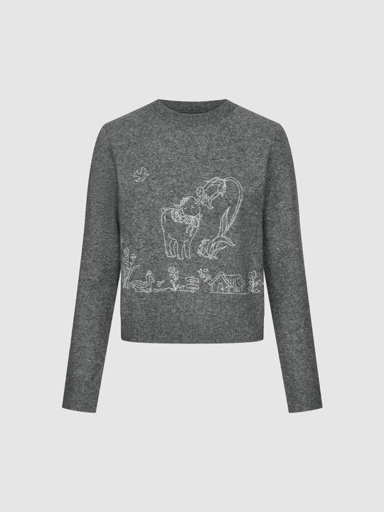 Embroidered Ribbed Knit Crew Neck Long Sleeve Sweater