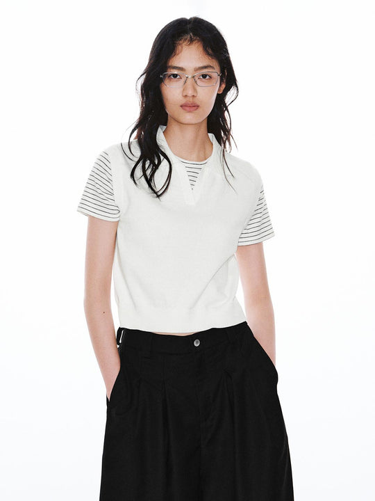 Polo Neck Contrast Striped Knitted T-Shirts