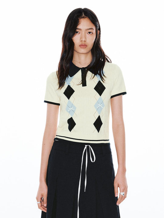 Argyle Detail Cotton Knit Polo Neck Short Sleeve T-Shirts