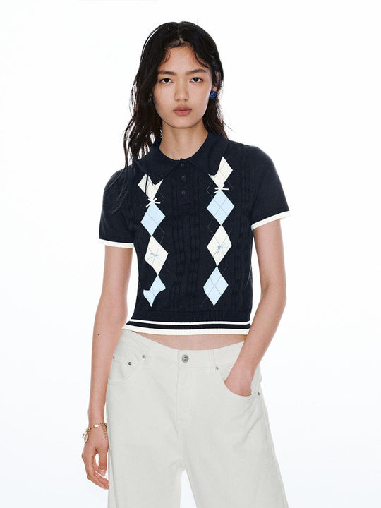 Cotton Knit Polo With Argyle Diamond Pattern
