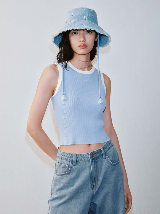 Contrast Trim Sleeveless Knitted T-Shirts