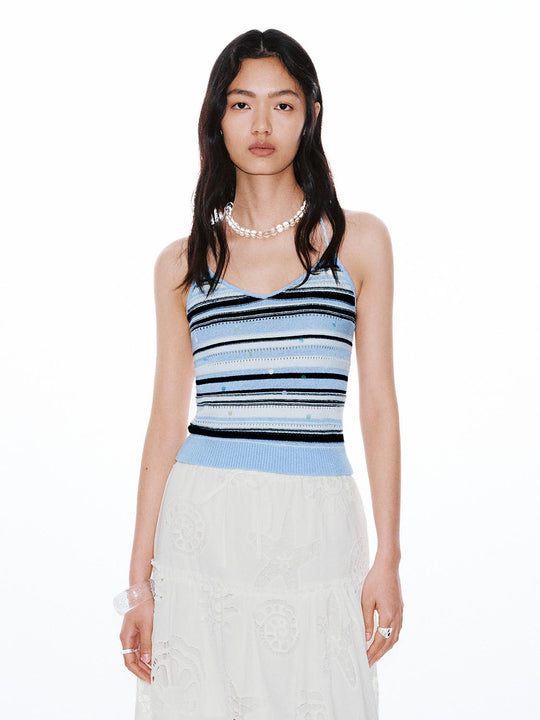 Halter Neck Contrast Striped Knitted Sleeveless T-Shirts