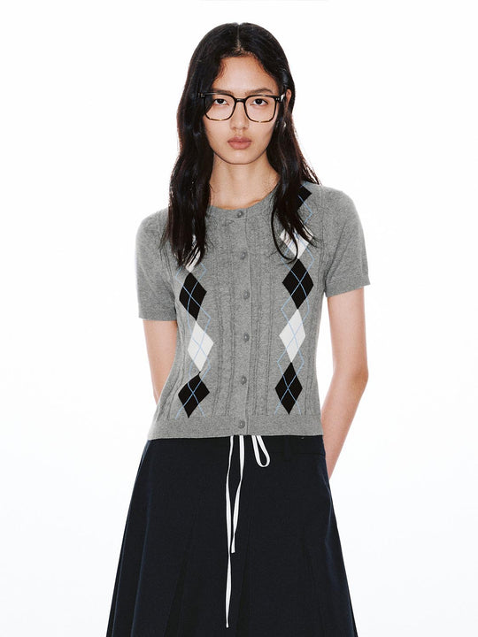 Cotton Argyle Rib Knit Button Front Cardigan