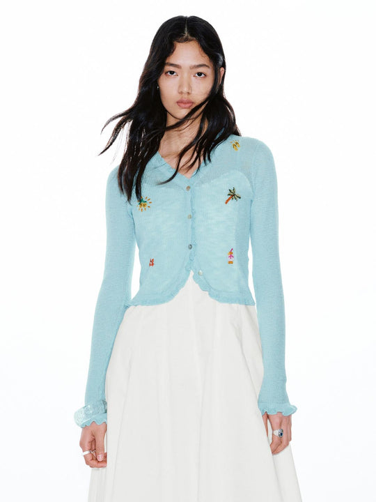 Ruffle Trim Embroidered V-Neck Knitted Cardigans