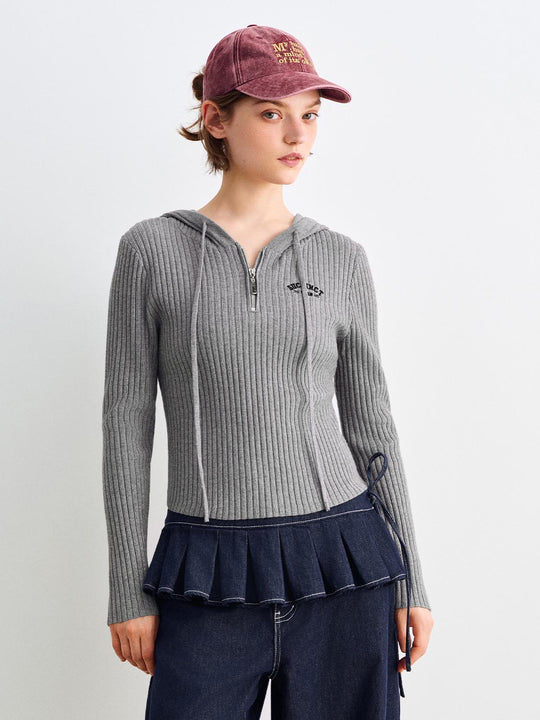 Fitted Ribbed Pleated Half-zip Long Sleeve Hoodie