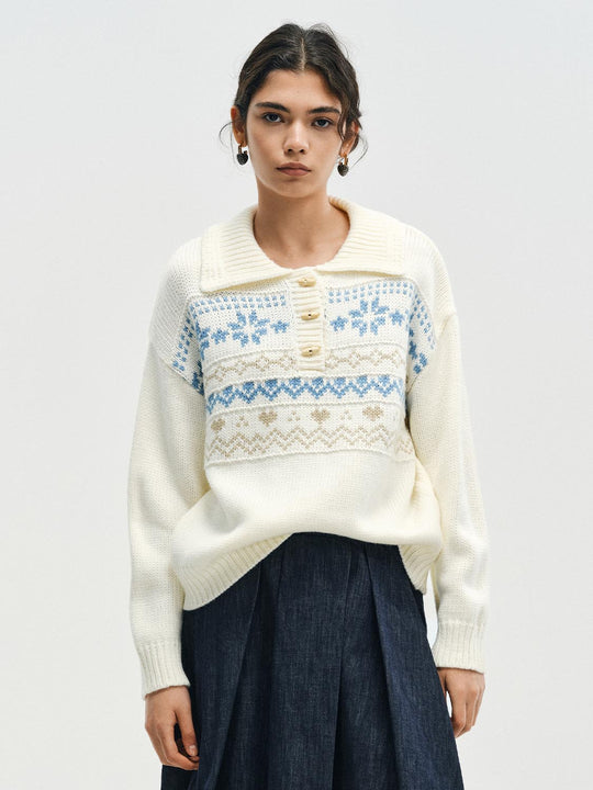 Fair Isle Polo Collar Long Sleeve Knit Sweater