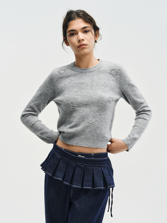 Floral Ribbed Hem Crew Neck Long Sleeve Knit Sweater