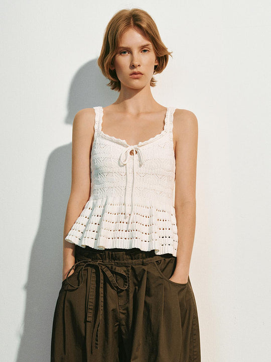 Crochet Knit Cotton Tie Front Eyelet Tank Top