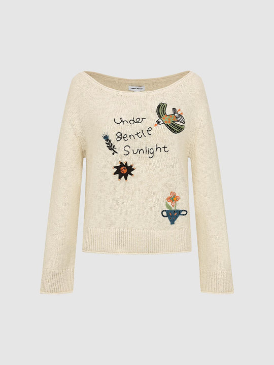 Text Embroidered Boat Neck Long Sleeve Cotton Sweater