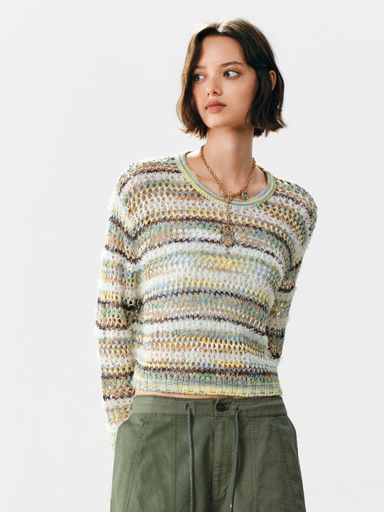 Textured Striped Crew Neck Long Sleeve Sweater