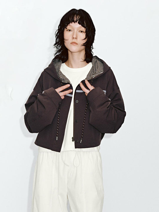 Oversized Hooded Button Front Jacket With Checked Lining