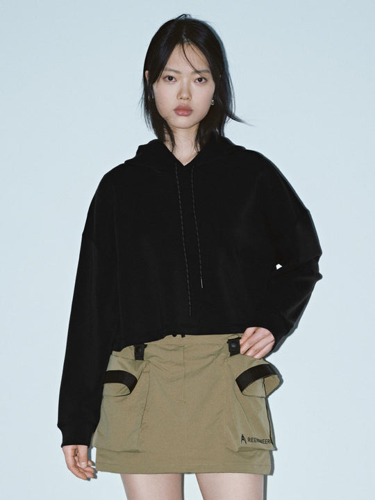 Cropped Hoodie Drawstring Black Sweatshirt
