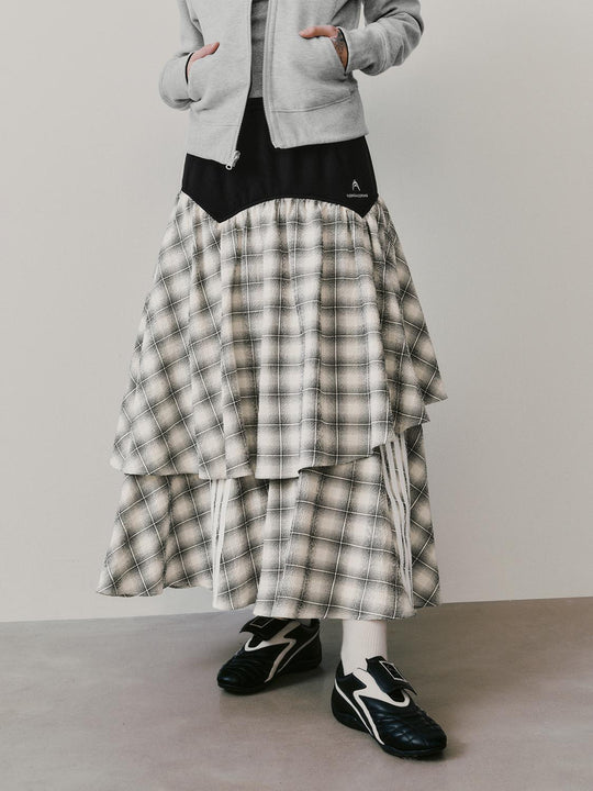 Plaid Chic Layered Tiered Ruffle Design Cotton Blend Maxi Skirts