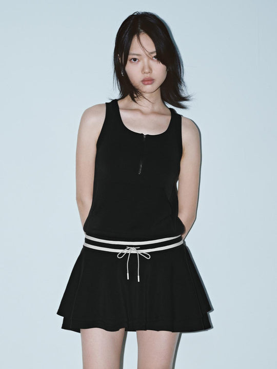 Black Zip Front Sleeveless A-Line Midi Dresses With Stretch Fabric Tank Top