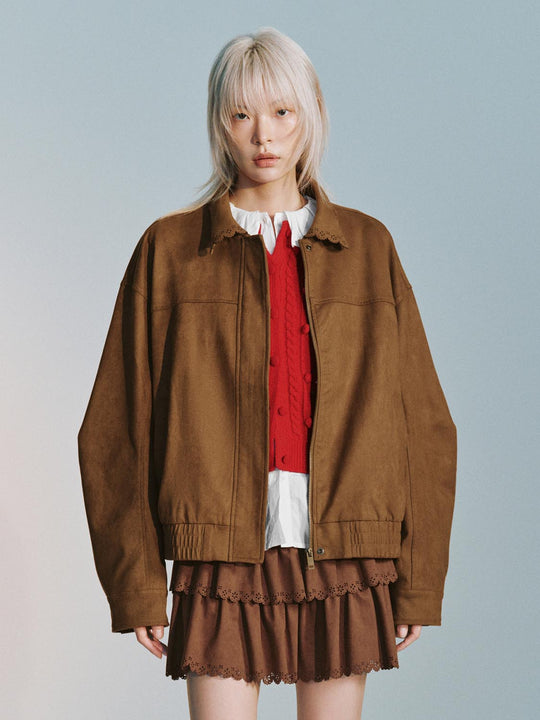 Lapel Zip Up Faux Suede Long Sleeve Cropped Bomber Jacket