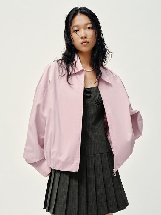 Zip Up Seam Detailed Loose Fit Cotton Bomber Jacket