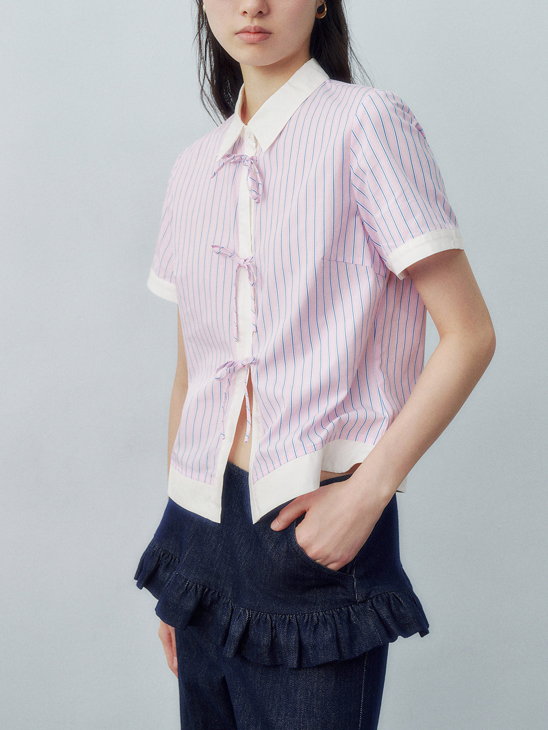 Lace-Up Striped Short Sleeve Shirts