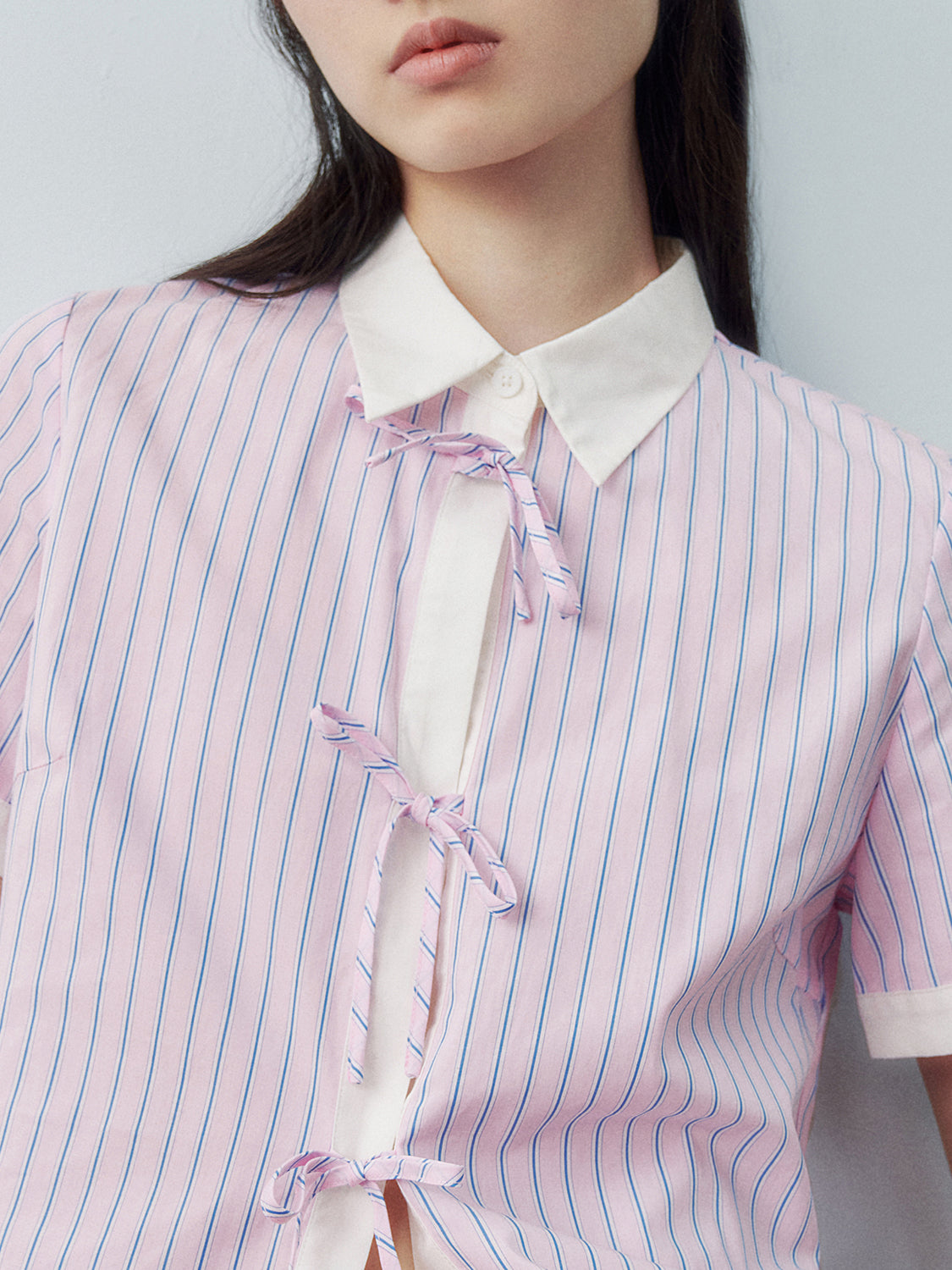 Lace-Up Striped Short Sleeve Shirts