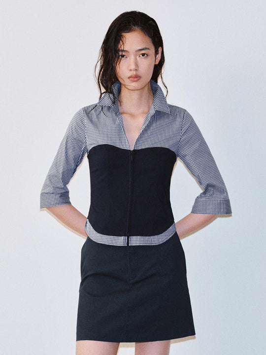 Contrast Spliced Check Zip-Up Shirts