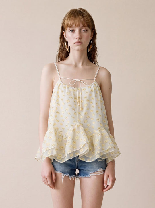 Printed Chiffon Strappy Tiered Ruffle Cami Tops