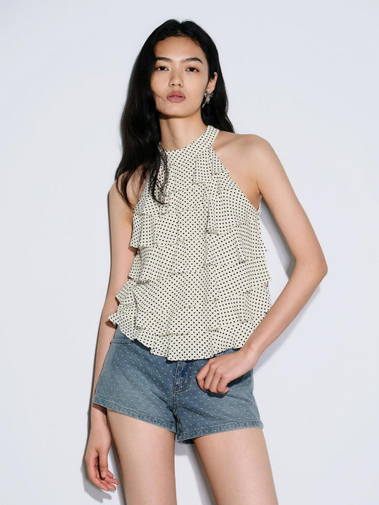 Halter Neck Tiered Ruffle Polka Dot Cami Tops Summer