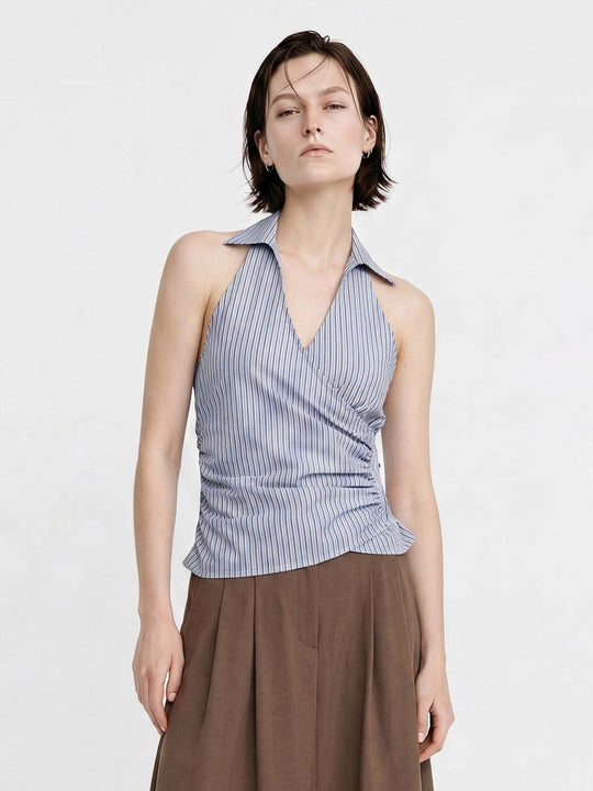 Striped Ruched Wrap Front Sleeveless Cotton Cami Top
