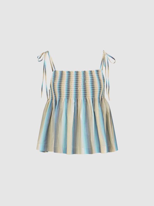 Cotton Smocked Shirred Bodice With Textured Ruching And Tie Straps Lightweight Cami Top