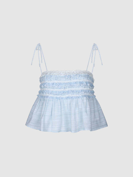 Ruched Striped Light Blue Tie Straps Cami Top