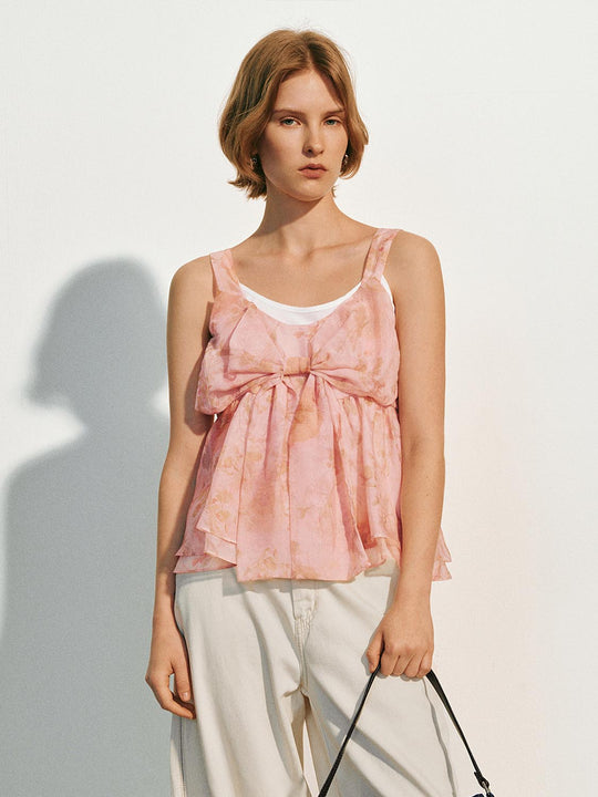 Floral Print Bow Front With Thin Stretch Fabric Construction Elegant Cami Top