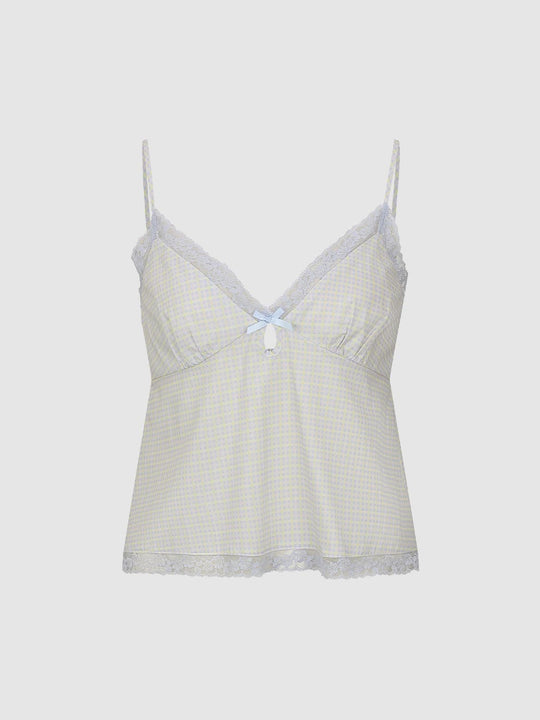 Delicate Lace Bow Trim Gingham Cotton Cami Top