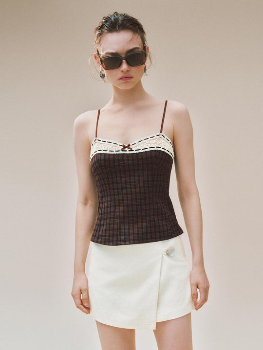 Checked Fitted Bow Lace Trim Camisole