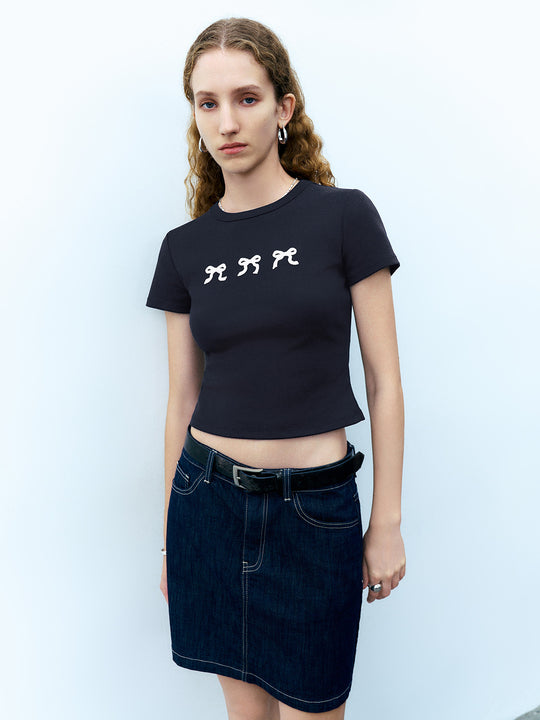 Bow Printed Crew Neck Skinny T-Shirt